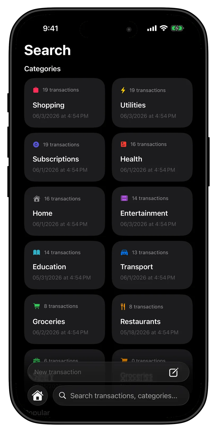 Thrust spending categories screen
