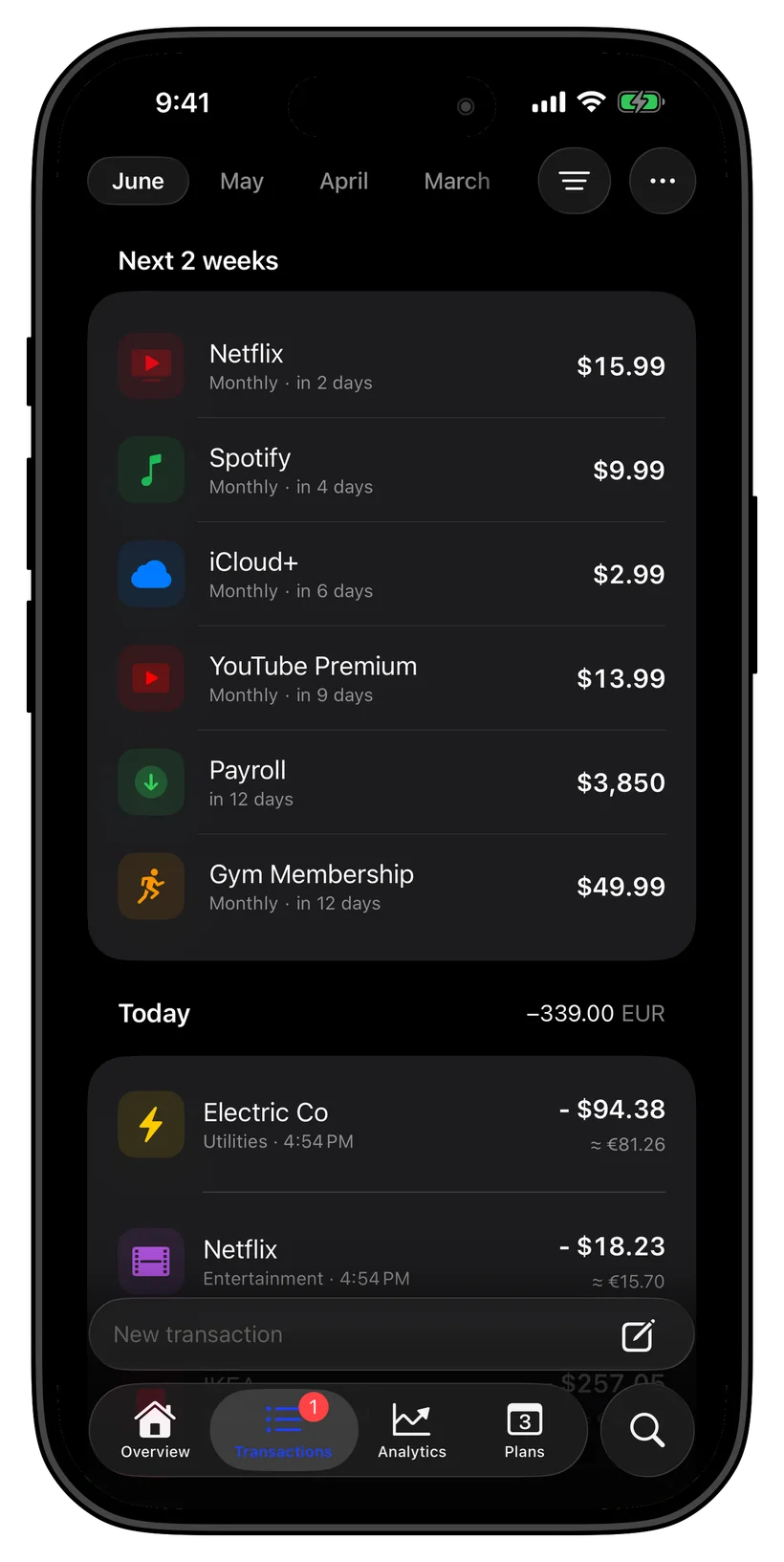 Thrust transactions and upcoming payments screen